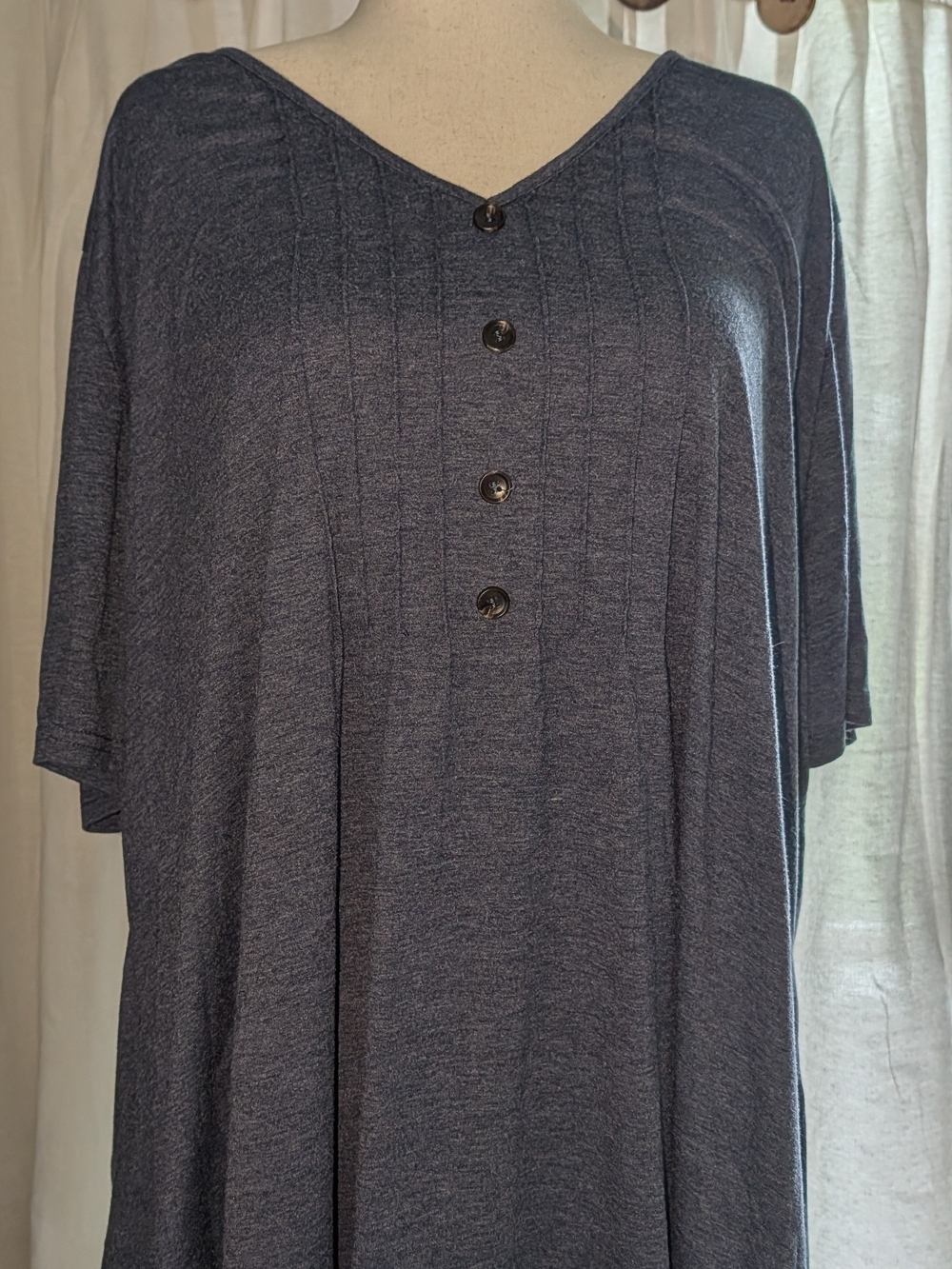 Relaxed Stretchy Heather Blue Henley-style Women's Top